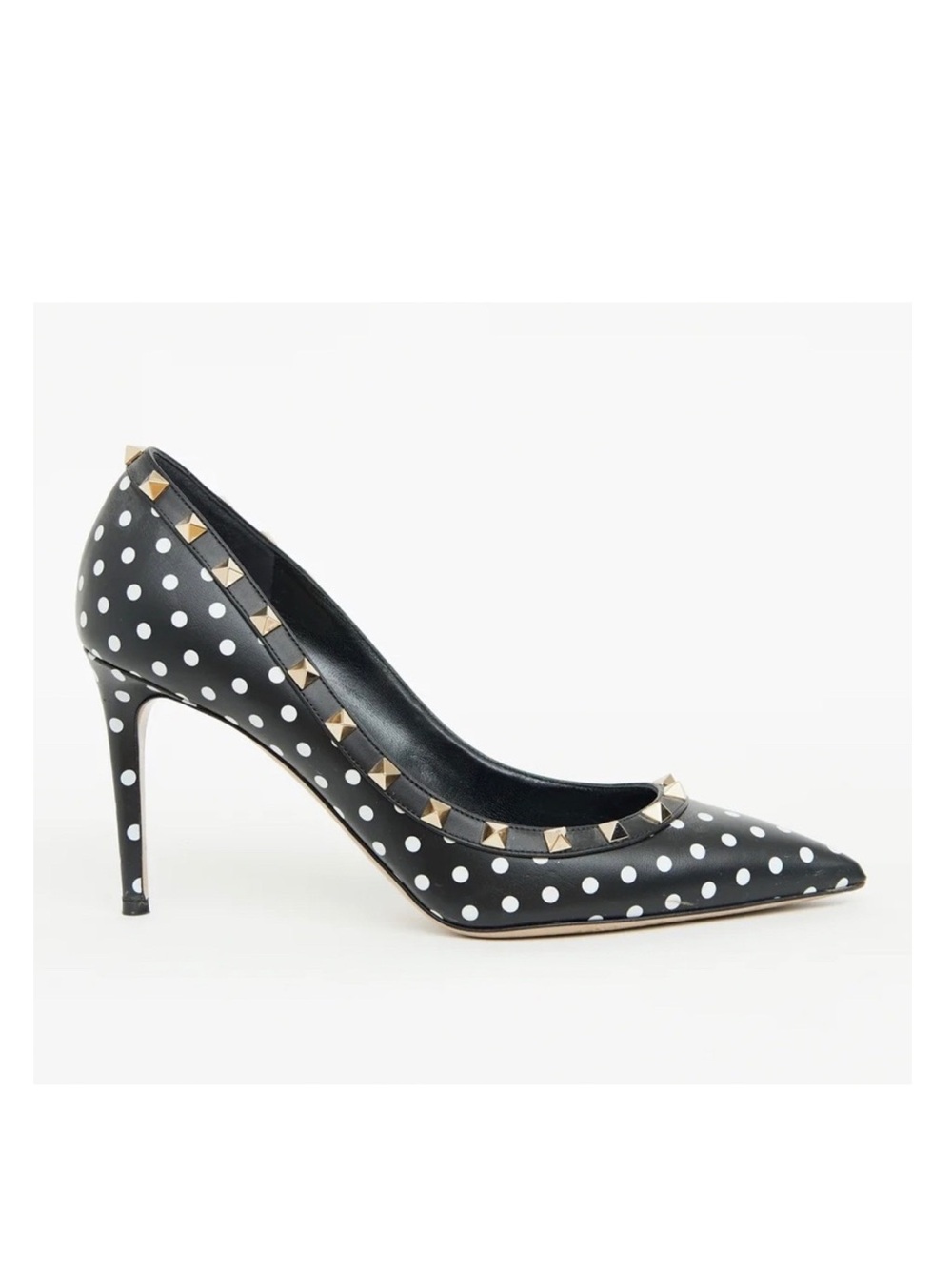 Valentino Rockstud Studded Polkadot Pointed Toe Black Leather Pump Heels